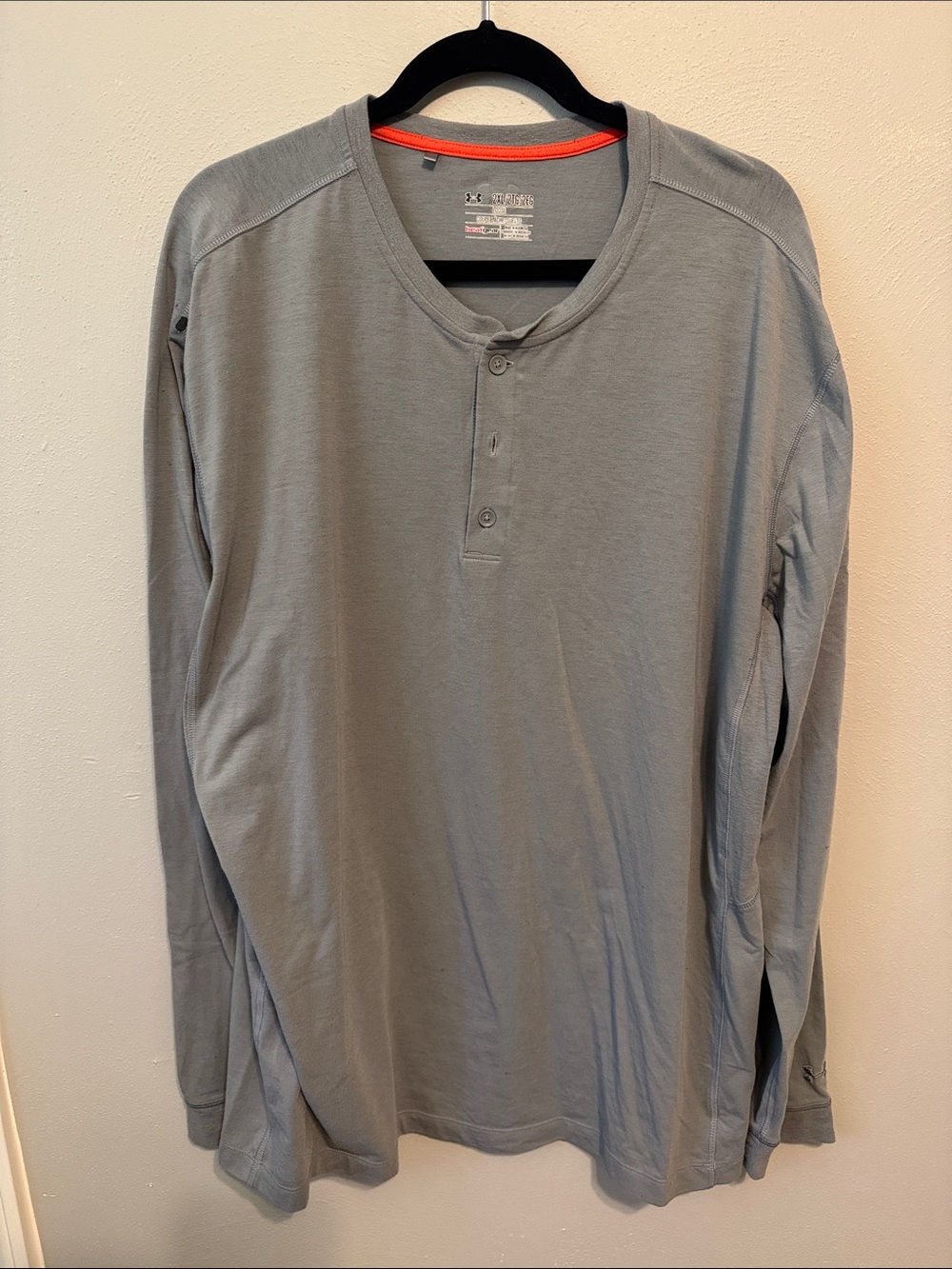 Under Armour Gray Long Sleeve Henley with Orange Neck Trim